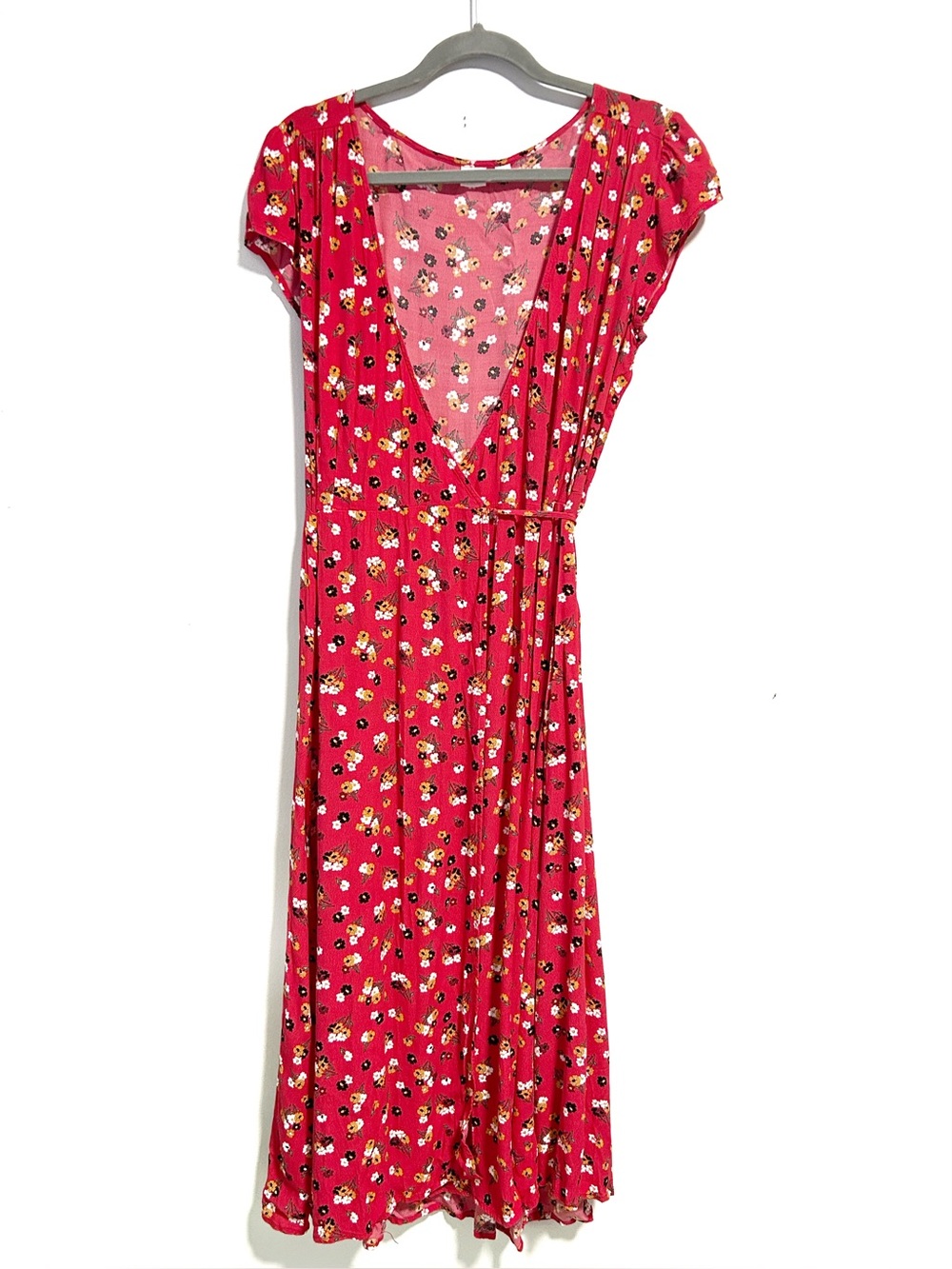 Gap Floral Print Midi Wrap Dress Women’s Medium Short Sleeve Red White Yellow